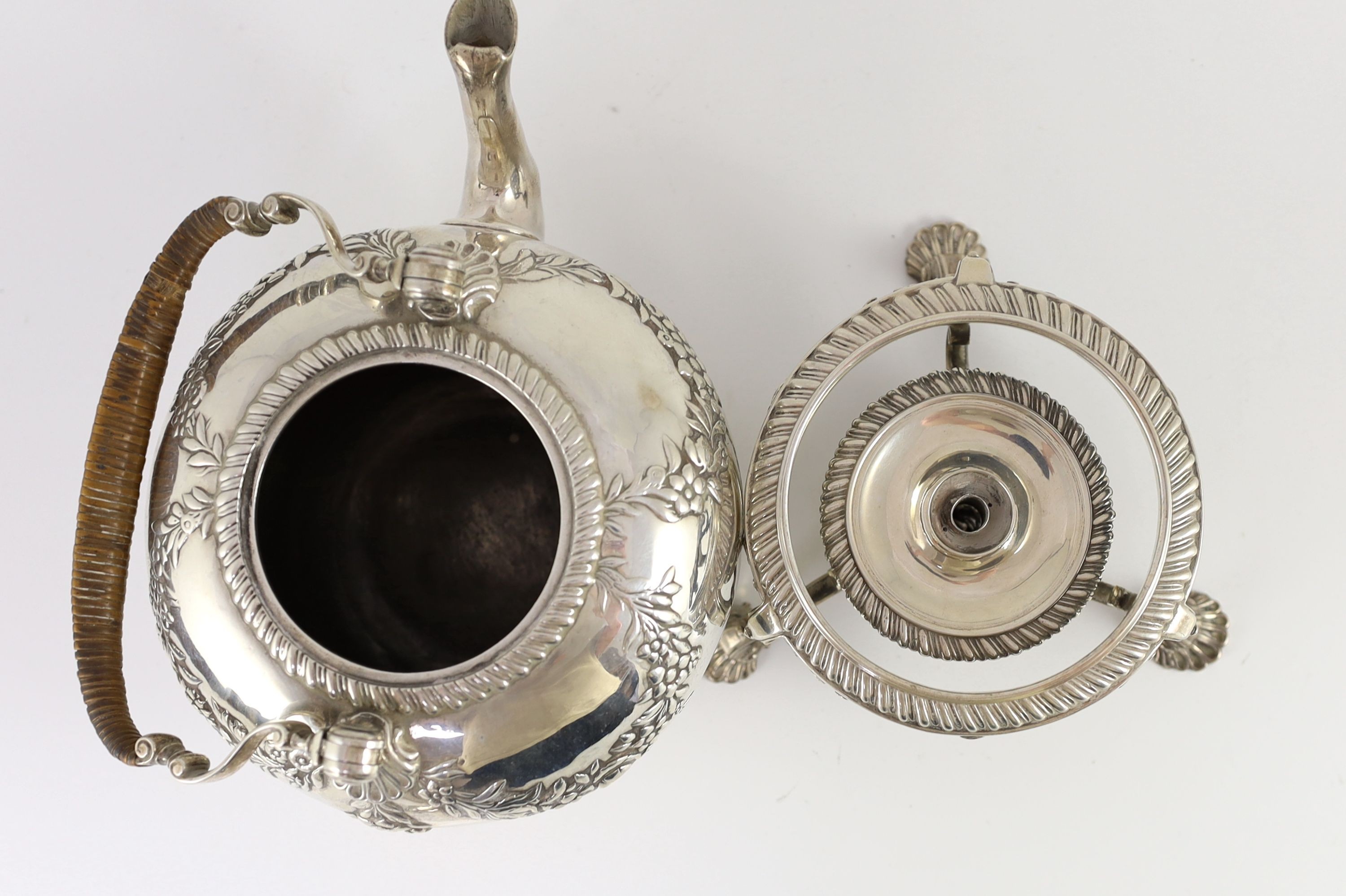 A George II silver spirit kettle on stand with burner, by Paul Crispin